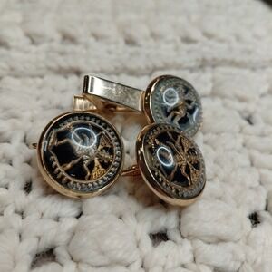 Vtg Intaglio Reverse Paint Thai Dancer Clip On Cuff Links Tie Pin Sarah Coventry